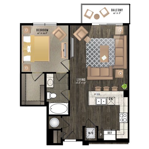 Floor plan for 1 bed, 1 bath, 796 sqft